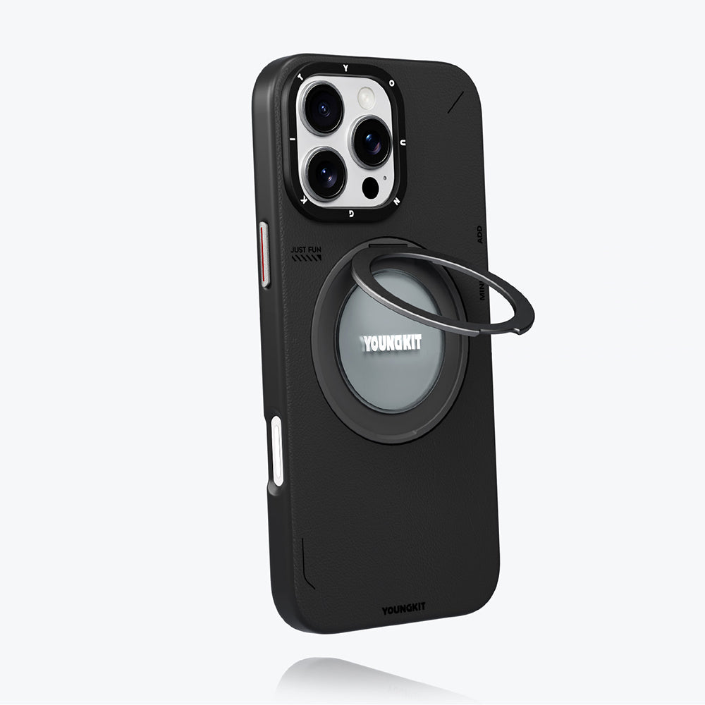 Apple iPhone 16 Pro Max Kılıf M-safe Şarj Özellikli 360° Standlı Basit Mat Deri Desenli Youngkit Tech Leather Serisi Kapak Siyah