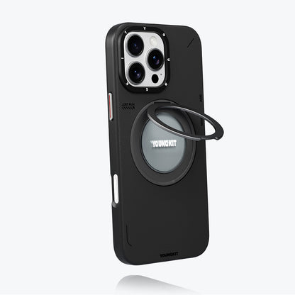 Apple iPhone 16 Pro Max Kılıf M-safe Şarj Özellikli 360° Standlı Basit Mat Deri Desenli Youngkit Tech Leather Serisi Kapak Gri