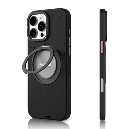 Apple iPhone 16 Pro Max Kılıf M-safe Şarj Özellikli 360° Standlı Basit Mat Deri Desenli Youngkit Tech Leather Serisi Kapak Siyah