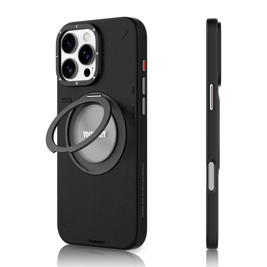 Apple iPhone 16 Pro Max Kılıf M-safe Şarj Özellikli 360° Standlı Basit Mat Deri Desenli Youngkit Tech Leather Serisi Kapak Siyah