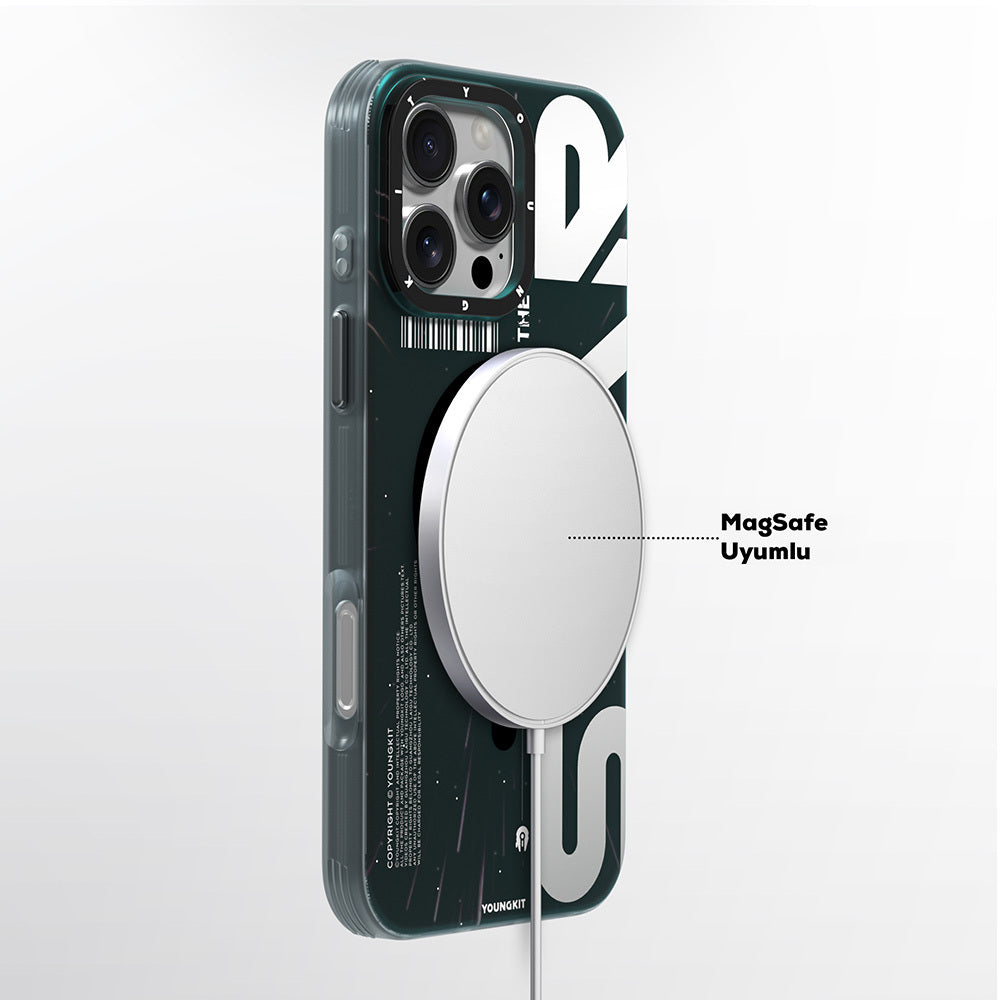 Apple iPhone 16 Pro Max Kılıf M-safe Şarj Özellikli Airbagli Hologram Tasarımlı Youngkit Interstellar Serisi Kapak Siyah-Beyaz