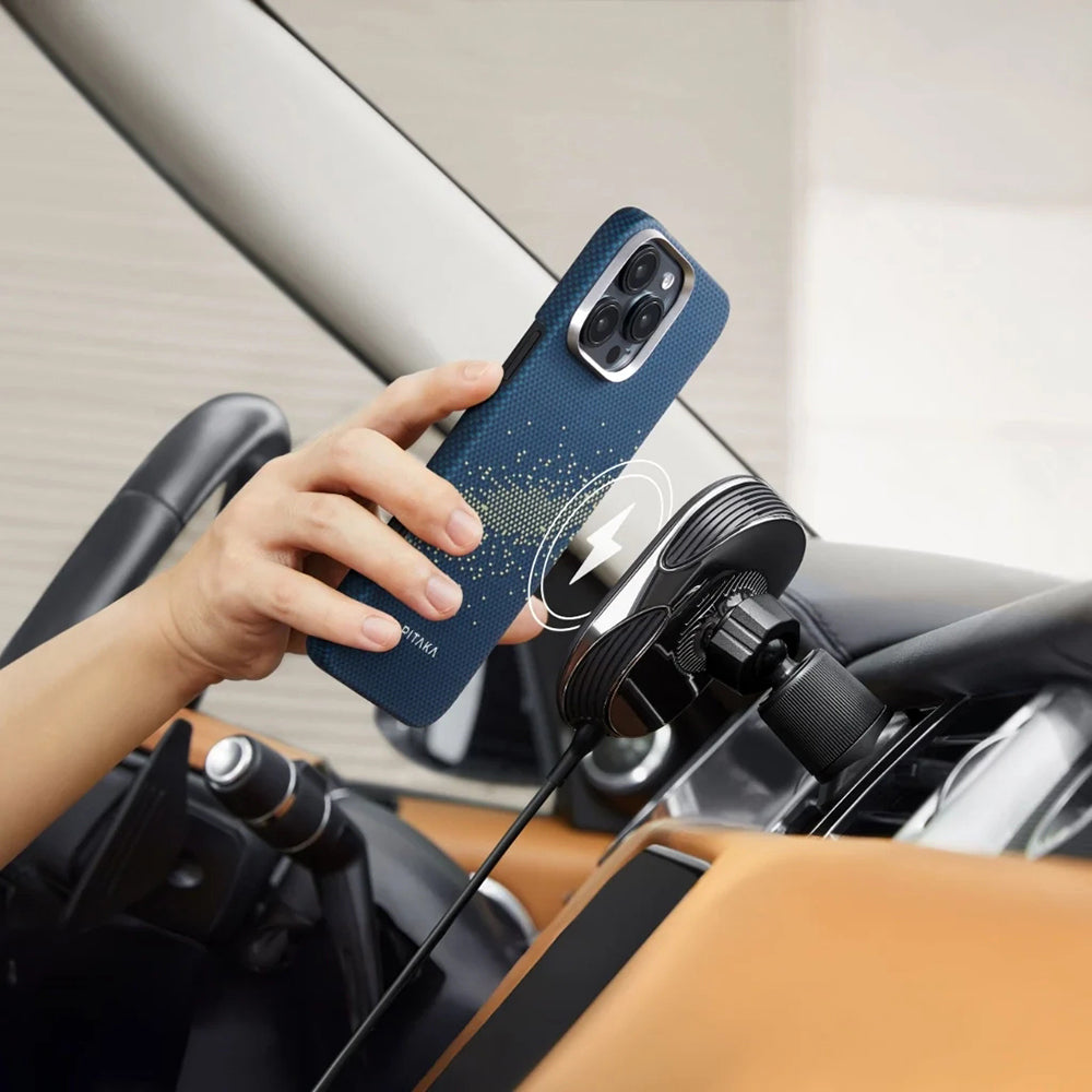 Apple iPhone 16 Pro Max Kılıf M-safe Şarj Özellikli Aramid Fiber Pitaka Tactile Woven Starpeak Serisi Milky Way Galaxy Kapak Mavi