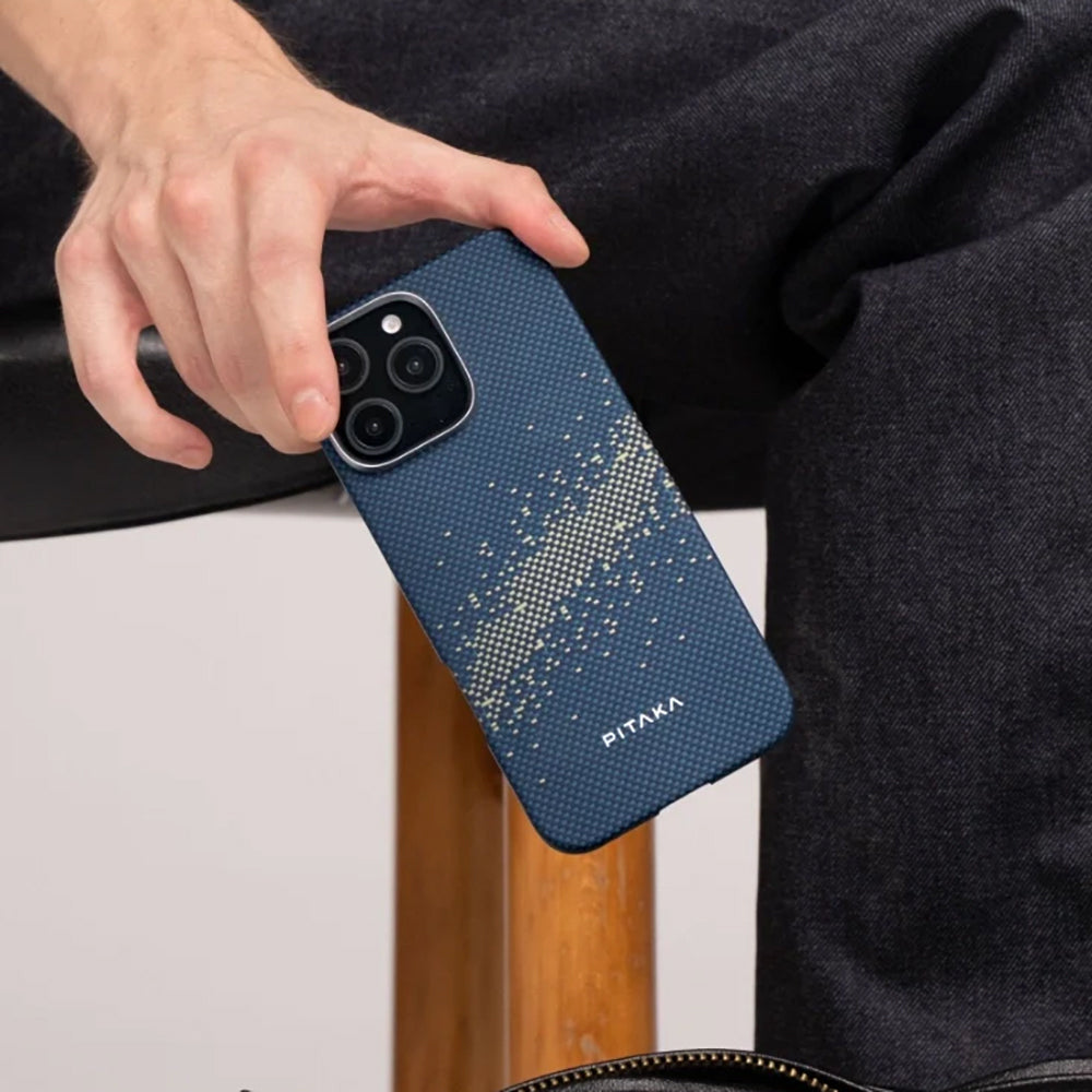 Apple iPhone 16 Pro Max Kılıf M-safe Şarj Özellikli Aramid Fiber Pitaka Tactile Woven Starpeak Serisi Over The Horizon Kapak Mavi