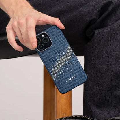 Apple iPhone 16 Pro Max Kılıf M-safe Şarj Özellikli Aramid Fiber Pitaka Tactile Woven Starpeak Serisi Over The Horizon Kapak Mavi