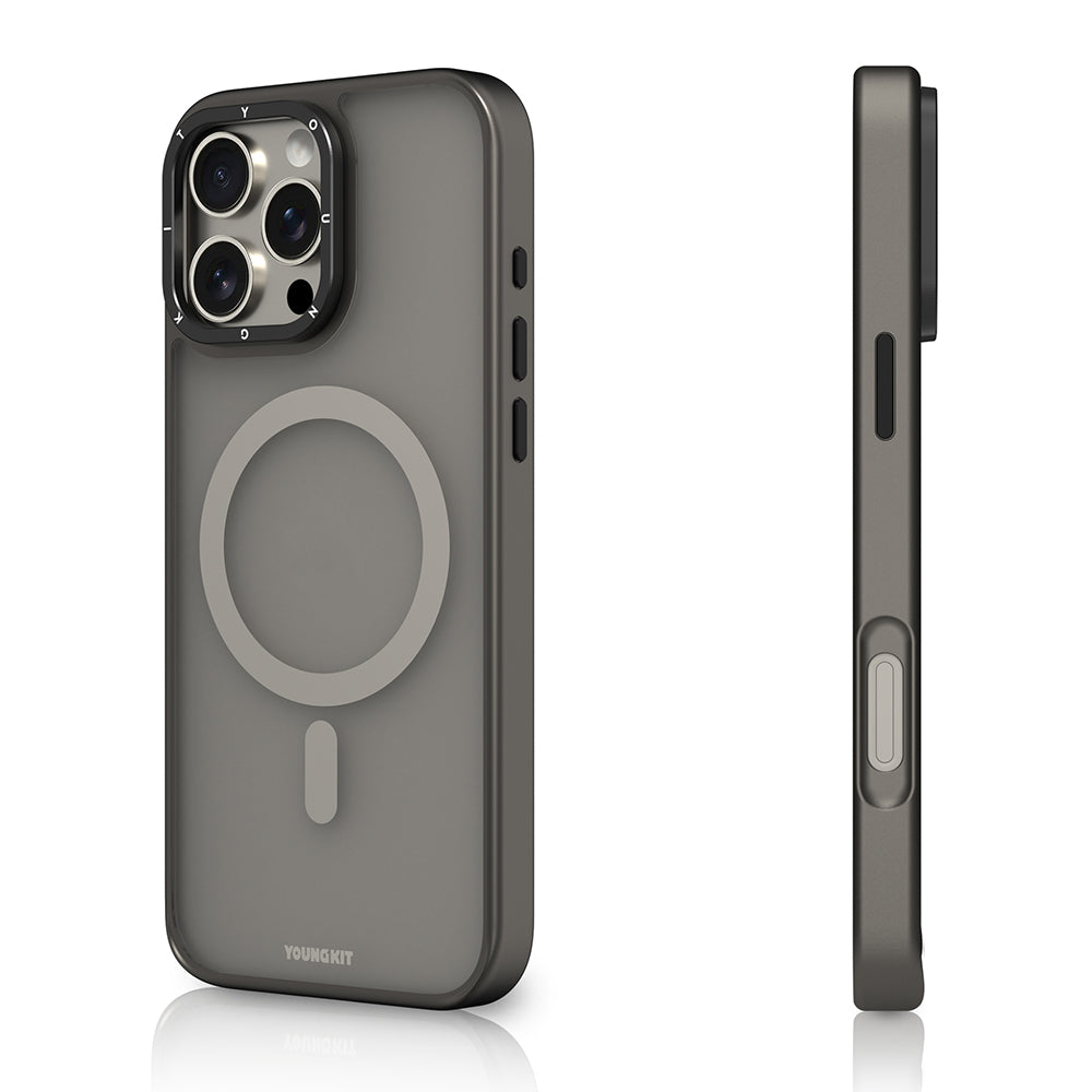 Apple iPhone 16 Pro Max Kılıf M-safe Şarj Özellikli Cam Arka Yüzey TPU Youngkit Gemstone Serisi Kapak Gri