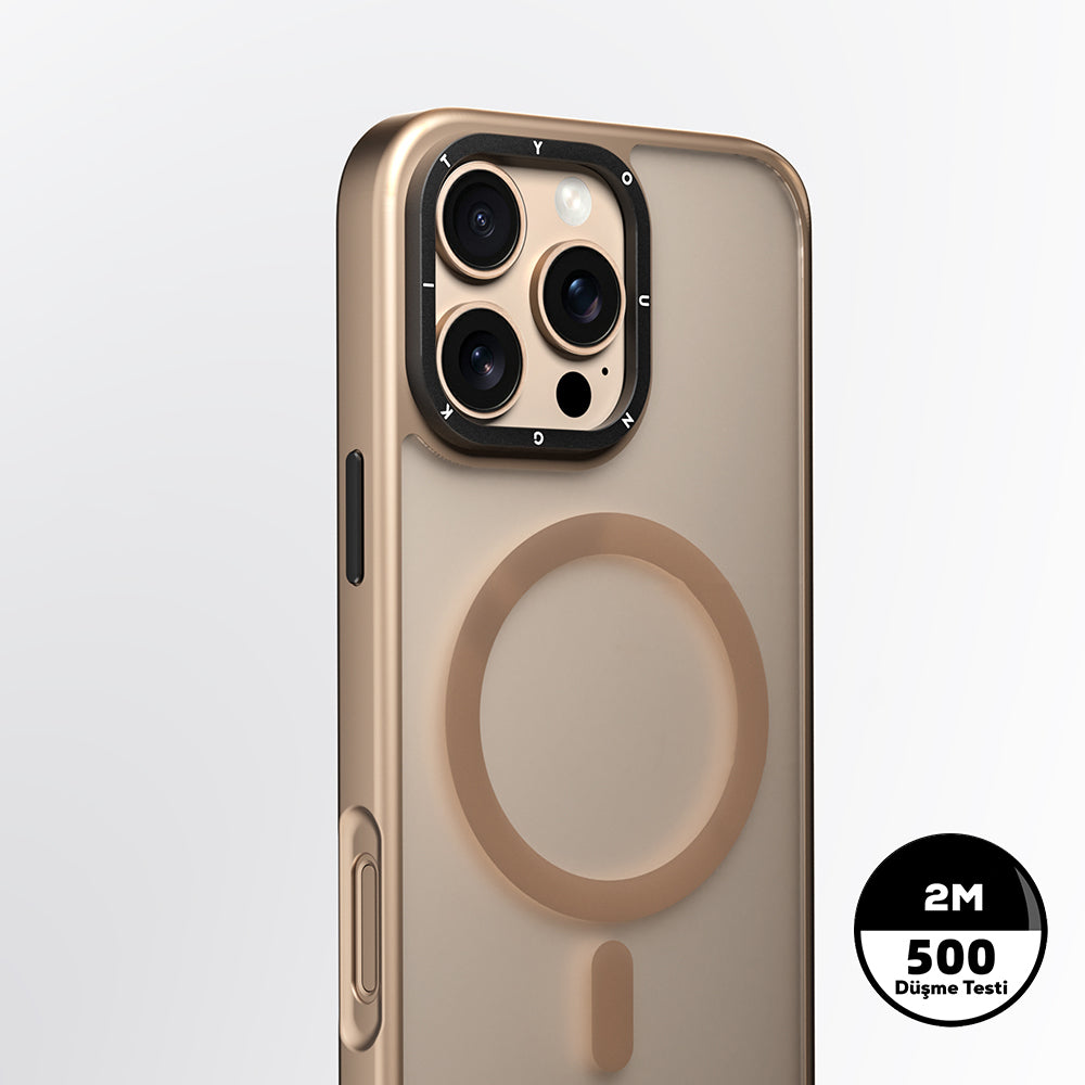 Apple iPhone 16 Pro Max Kılıf M-safe Şarj Özellikli Cam Arka Yüzey TPU Youngkit Gemstone Serisi Kapak Gold