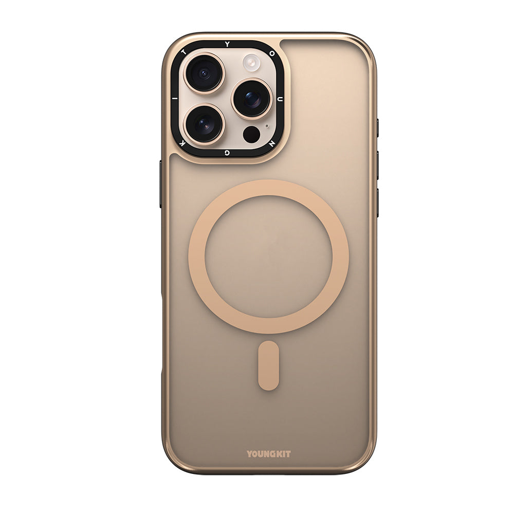 Apple iPhone 16 Pro Max Kılıf M-safe Şarj Özellikli Cam Arka Yüzey TPU Youngkit Gemstone Serisi Kapak Gold