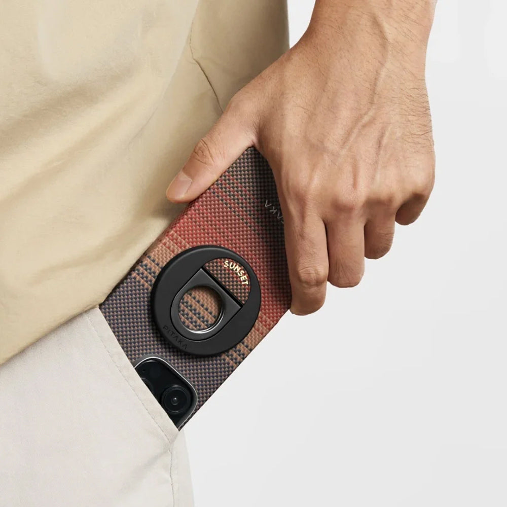 Apple iPhone 16 Pro Max Kılıf M-safe Şarj Özellikli Grip 3 Standlı Aramid Fiber Pitaka Tactile Woven Sunset-Moonrise Serisi Sunset Kapak Kahverengi