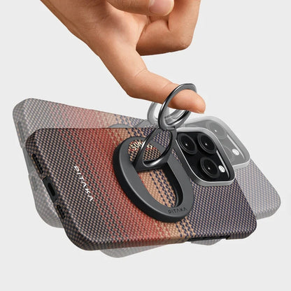 Apple iPhone 16 Pro Max Kılıf M-safe Şarj Özellikli Grip 3 Standlı Aramid Fiber Pitaka Tactile Woven Sunset-Moonrise Serisi Sunset Kapak Kahverengi