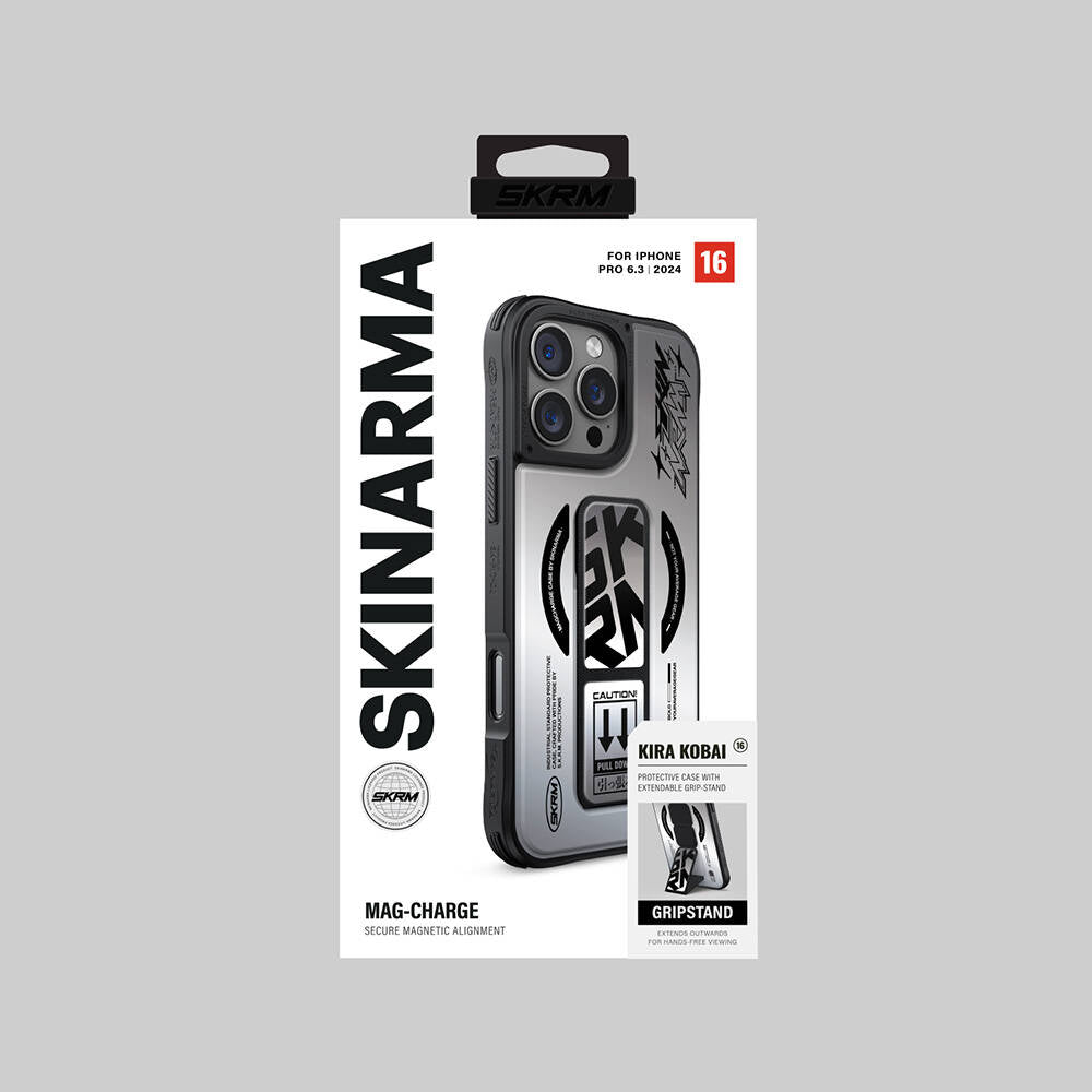 Apple iPhone 16 Pro Max Kılıf M-safe Şarj Özellikli Holografik Tasarımlı Standlı Deri Görünümlü Skinarma Kira Kobai Kapak Gümüş