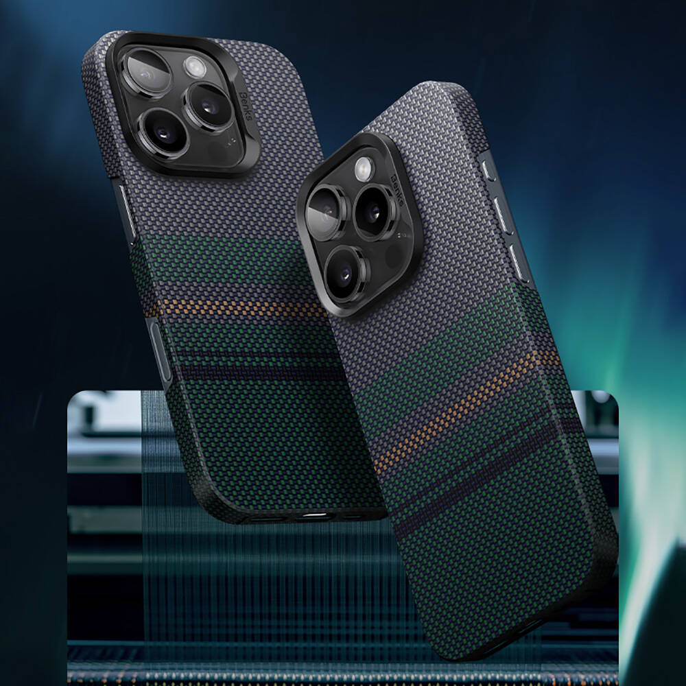 Apple iPhone 16 Pro Max Kılıf M-safe Şarj Özellikli Karbon Fiber Tasarımlı Benks Aurora ArmorAir Kevlar Kapak Siyah