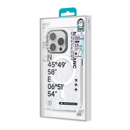 Apple iPhone 16 Pro Max Kılıf M-safe Şarj Özellikli Koordinat Yazı Desenli Benks Summit Serisi Kapak Beyaz