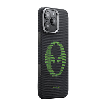 Apple iPhone 16 Pro Max Kılıf M-safe Şarj Özellikli Lumintex Teknolojili Fosforlu Aramid Fiber Pitaka Tactile Woven Aries Serisi Alien Kapak Siyah