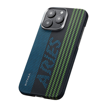 Apple iPhone 16 Pro Max Kılıf M-safe Şarj Özellikli Lumintex Teknolojili Fosforlu Aramid Fiber Pitaka Tactile Woven Aries Serisi Credit Card Kapak Yeşil-Mavi