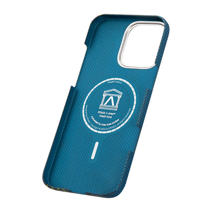 Apple iPhone 16 Pro Max Kılıf M-safe Şarj Özellikli Lumintex Teknolojili Fosforlu Aramid Fiber Pitaka Tactile Woven Aries Serisi Credit Card Kapak Yeşil-Mavi