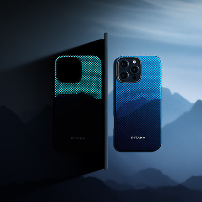 Apple iPhone 16 Pro Max Kılıf M-safe Şarj Özellikli Lumintex Teknolojili Fosforlu Özellikli Aramid Fiber Pitaka Tactile Woven Starpeak Serisi Over The Horizon Kapak Mavi