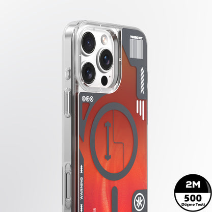 Apple iPhone 16 Pro Max Kılıf M-safe Şarj Özellikli Parlak Kumlu Sıvılı Tasarımlı Galaxy Fantasy Serisi Kapak Turuncu