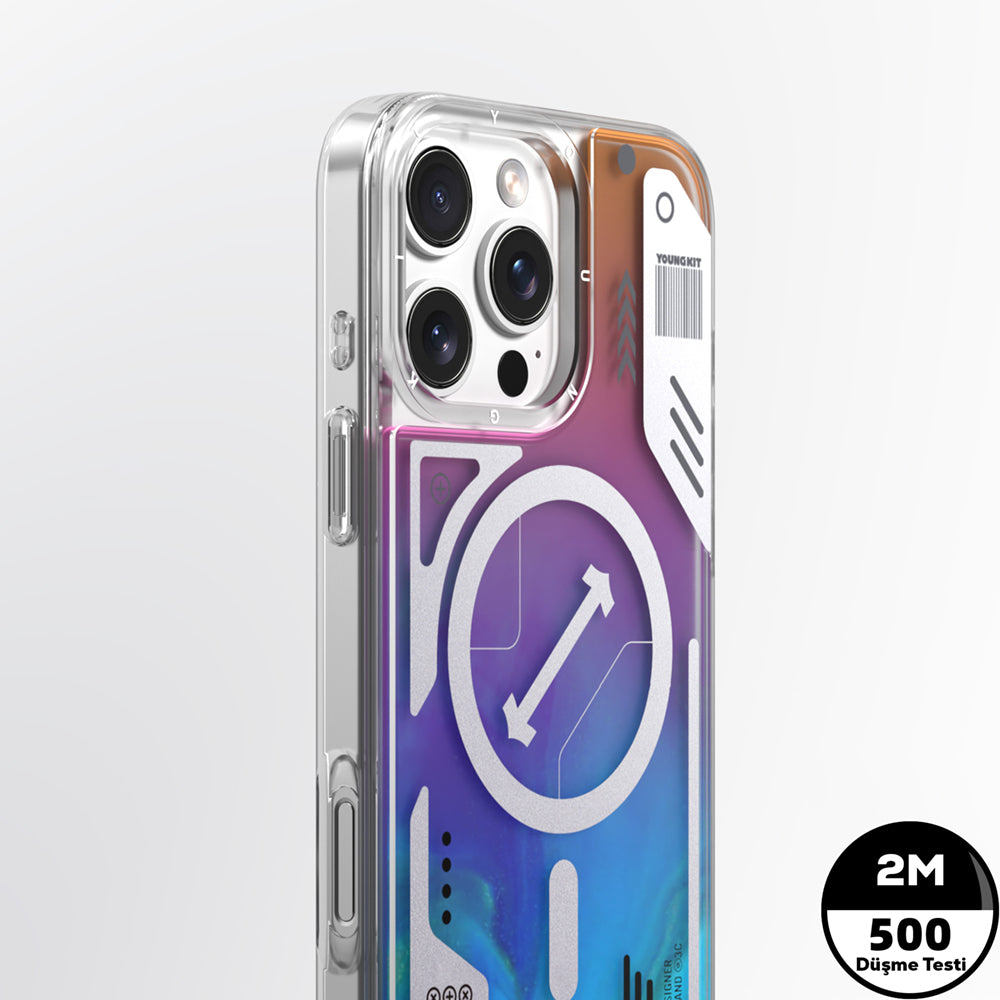 Apple iPhone 16 Pro Max Kılıf M-safe Şarj Özellikli Parlak Kumlu Sıvılı Tasarımlı Galaxy Fantasy Serisi Kapak Turuncu