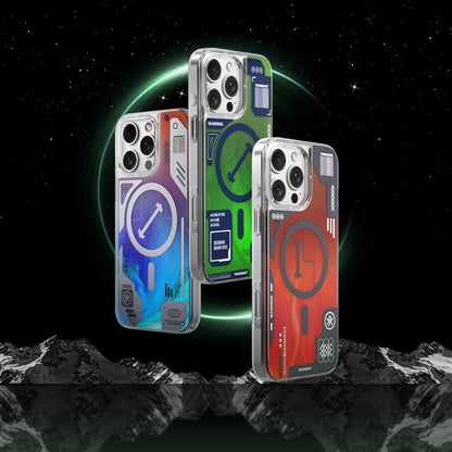 Apple iPhone 16 Pro Max Kılıf M-safe Şarj Özellikli Parlak Kumlu Sıvılı Tasarımlı Galaxy Fantasy Serisi Kapak Turuncu