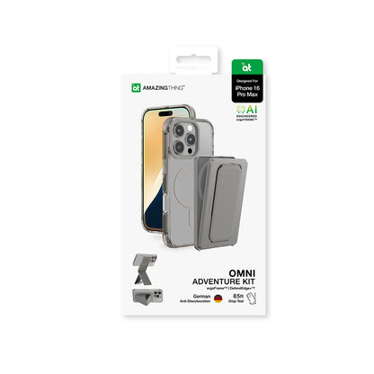 Apple iPhone 16 Pro Max Kılıf M-safe Şarj Özellikli Standlı Set Amazingthing Omni Adventure Serisi Kapak Gri