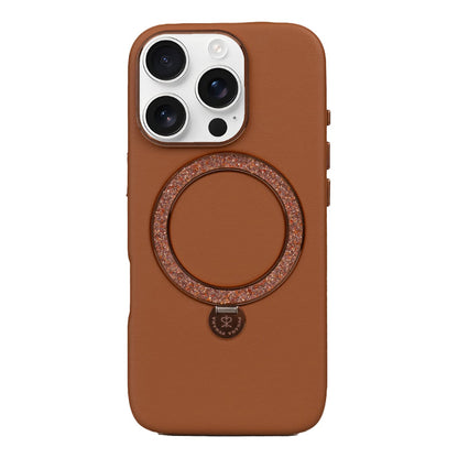 Apple iPhone 16 Pro Max Kılıf M-safe Şarj Özellikli Standlı Suni Deri Tasarımlı Pynana Dancing Circle Serisi Kapak Kahverengi