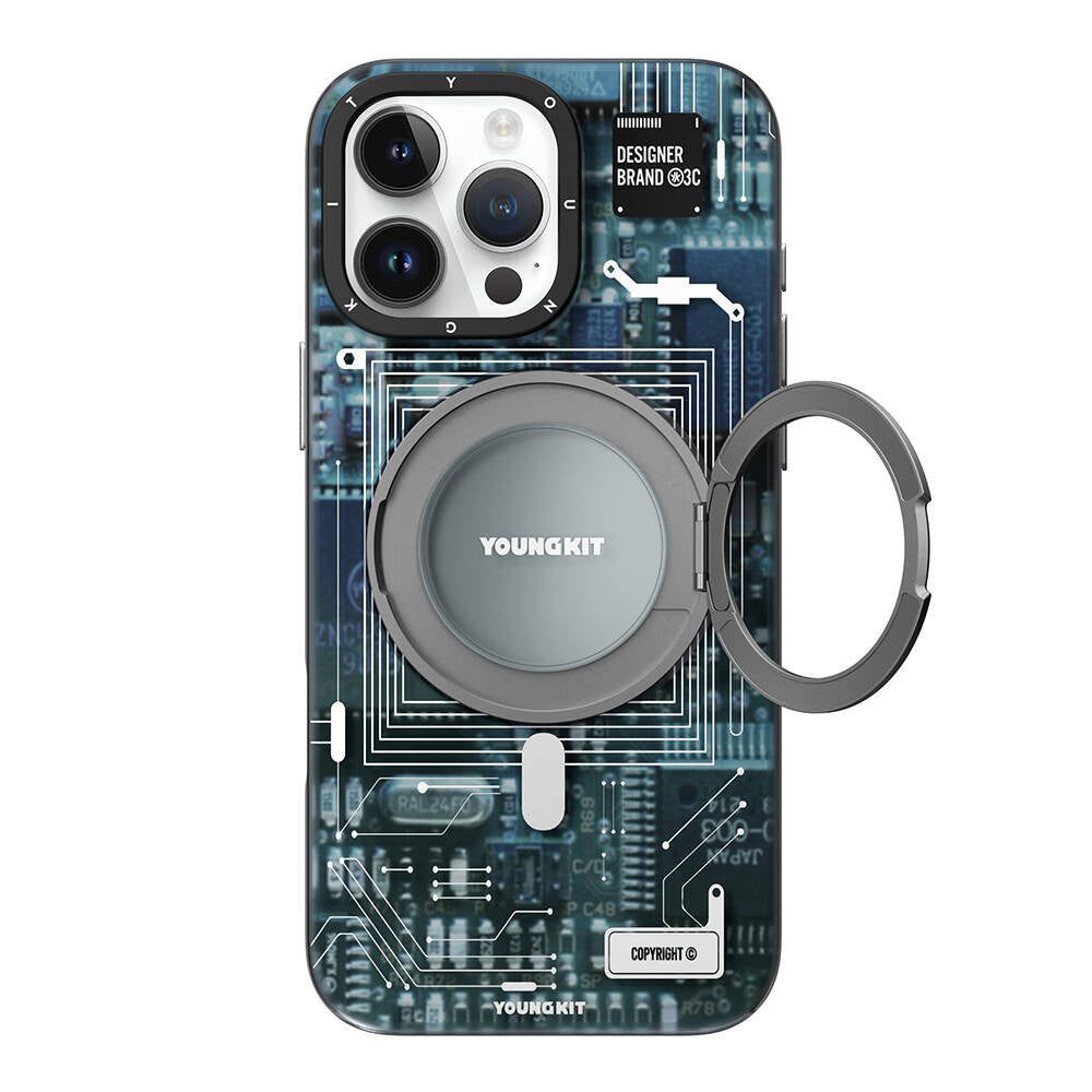 Apple iPhone 16 Pro Max Kılıf M-safe Şarj Özellikli Youngkit 360° Standlı Technology Serisi Kapak Mavi