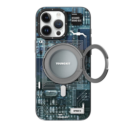 Apple iPhone 16 Pro Max Kılıf M-safe Şarj Özellikli Youngkit 360° Standlı Technology Serisi Kapak Mavi