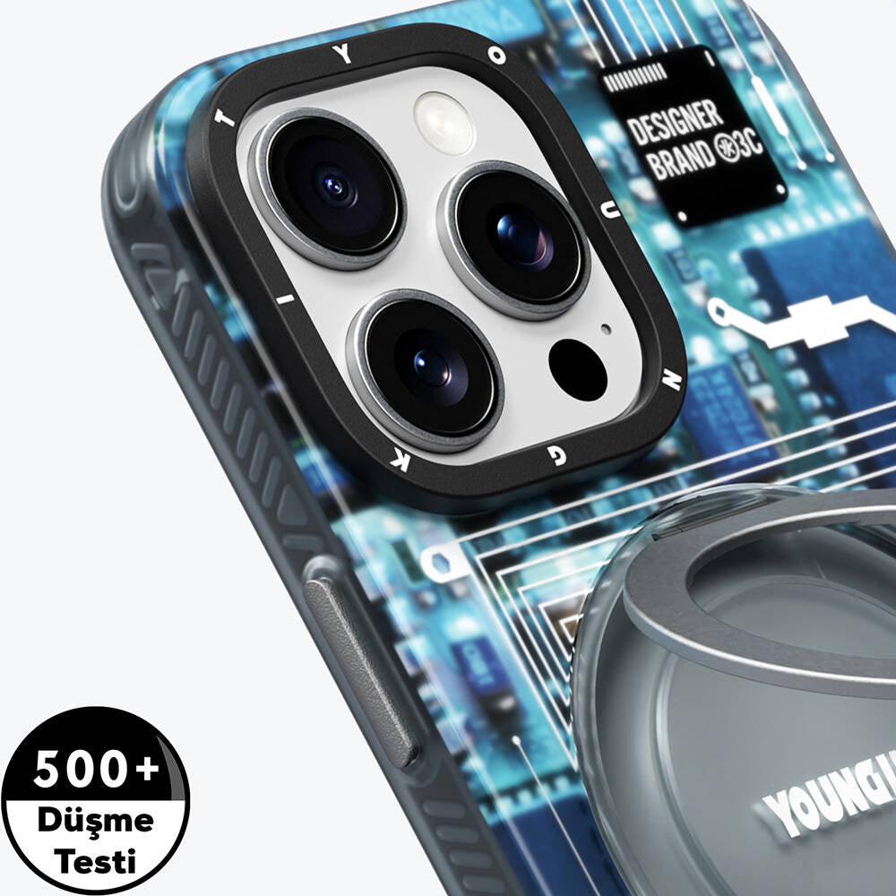 Apple iPhone 16 Pro Max Kılıf M-safe Şarj Özellikli Youngkit 360° Standlı Technology Serisi Kapak Gri