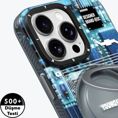 Apple iPhone 16 Pro Max Kılıf M-safe Şarj Özellikli Youngkit 360° Standlı Technology Serisi Kapak Gri