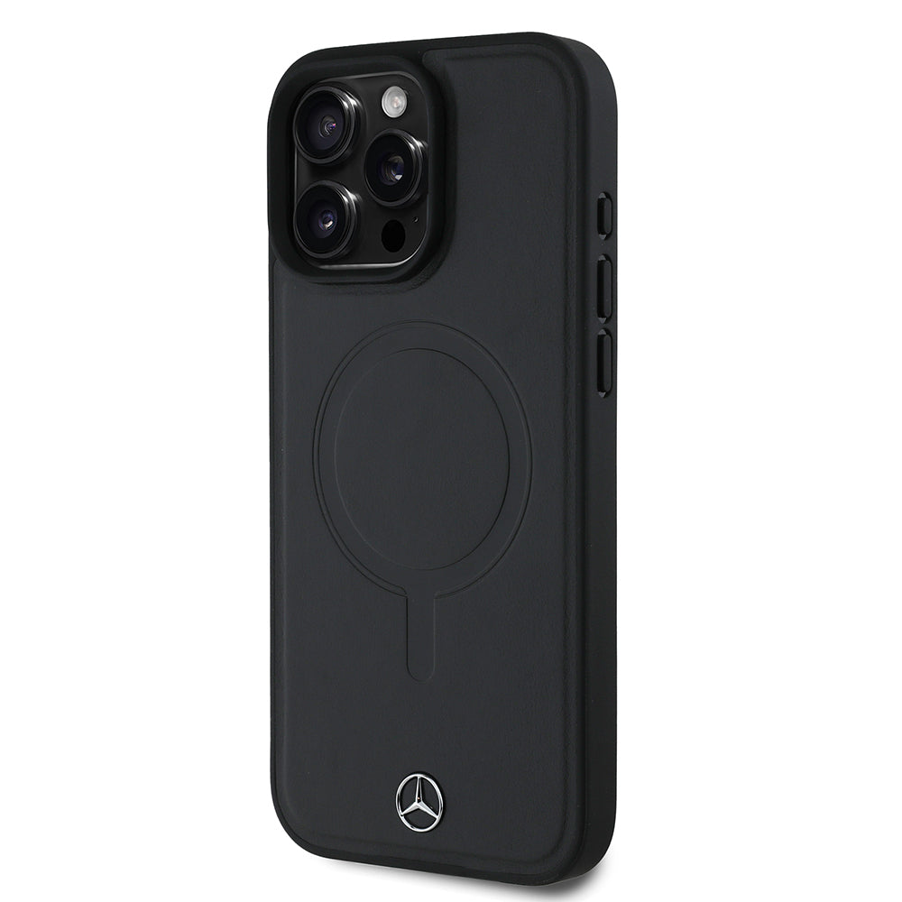 Apple iPhone 16 Pro Max Kılıf Mercedes Benz Orjinal Lisanslı M-safe Şarj Özellikli Metal Yıldız Logolu Sade Pürüzsüz Deri Kapak Siyah