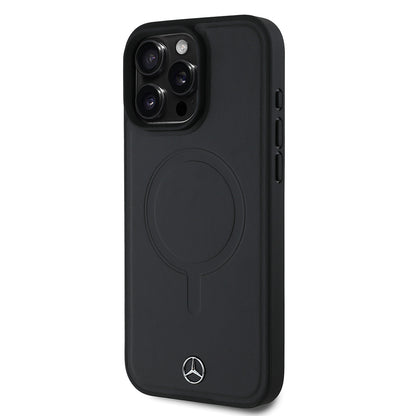 Apple iPhone 16 Pro Max Kılıf Mercedes Benz Orjinal Lisanslı M-safe Şarj Özellikli Metal Yıldız Logolu Sade Pürüzsüz Deri Kapak Siyah