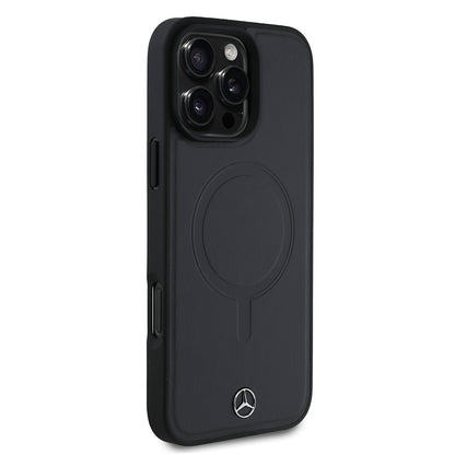 Apple iPhone 16 Pro Max Kılıf Mercedes Benz Orjinal Lisanslı M-safe Şarj Özellikli Metal Yıldız Logolu Sade Pürüzsüz Deri Kapak Siyah