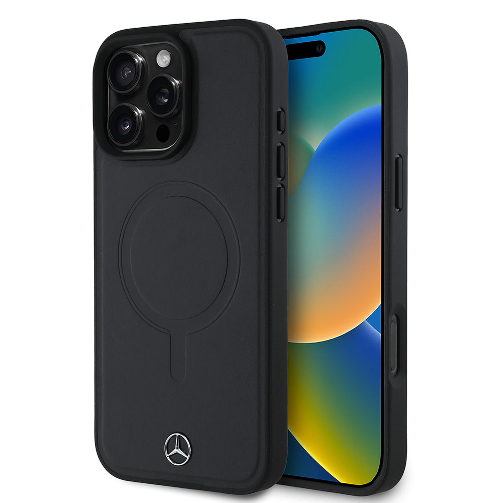 Apple iPhone 16 Pro Max Kılıf Mercedes Benz Orjinal Lisanslı M-safe Şarj Özellikli Metal Yıldız Logolu Sade Pürüzsüz Deri Kapak Siyah