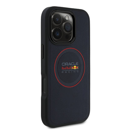 Apple iPhone 16 Pro Max Kılıf Redbull Orjinal Lisanslı M-safe Şarj Özellikli Kırmızı Halka ve Logo Kabartmalı PU Deri Kapak Lacivert