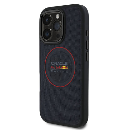 Apple iPhone 16 Pro Max Kılıf Redbull Orjinal Lisanslı M-safe Şarj Özellikli Kırmızı Halka ve Logo Kabartmalı PU Deri Kapak Lacivert