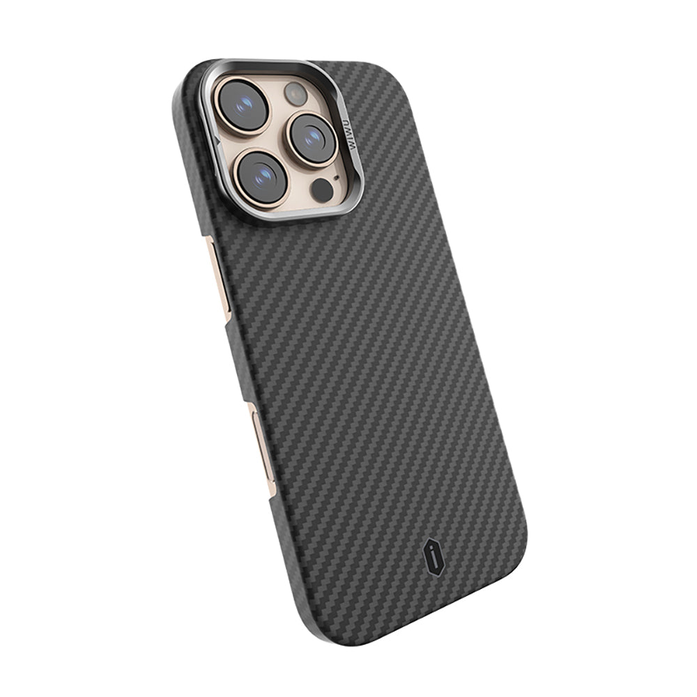 Apple iPhone 16 Pro Max Kılıf Wiwu DCC-206 M-safe Şarj Özellikli Kamera Standlı Aramid Fiber Tasarım Kevlar Kapak Siyah