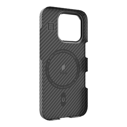 Apple iPhone 16 Pro Max Kılıf Wiwu DCC-206 M-safe Şarj Özellikli Kamera Standlı Aramid Fiber Tasarım Kevlar Kapak Siyah