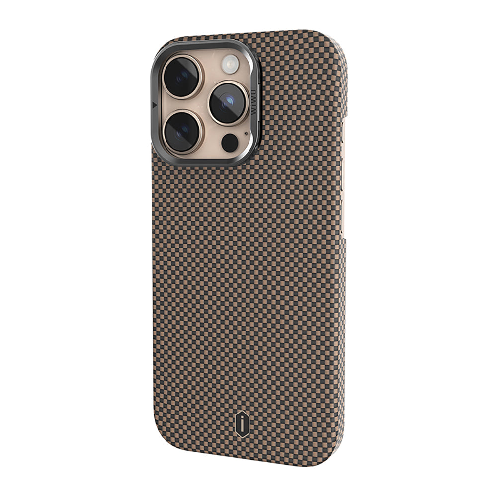 Apple iPhone 16 Pro Max Kılıf Wiwu DCC-208 M-safe Şarj Özellikli Kamera Standlı Aramid Fiber Tasarım Kevlar Kapak Gold