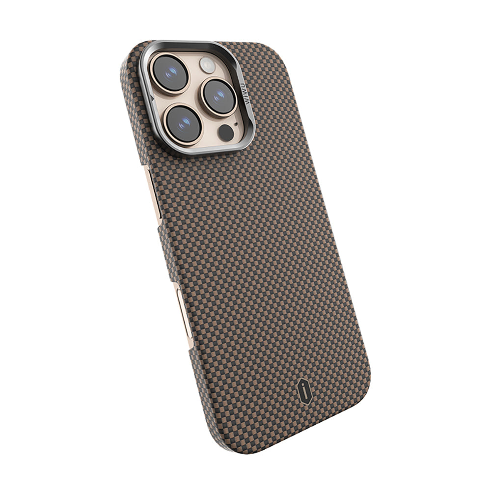 Apple iPhone 16 Pro Max Kılıf Wiwu DCC-208 M-safe Şarj Özellikli Kamera Standlı Aramid Fiber Tasarım Kevlar Kapak Gold