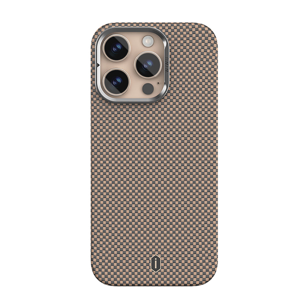 Apple iPhone 16 Pro Max Kılıf Wiwu DCC-208 M-safe Şarj Özellikli Kamera Standlı Aramid Fiber Tasarım Kevlar Kapak Gold