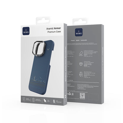 Apple iPhone 16 Pro Max Kılıf Wiwu DCC-209 M-safe Şarj Özellikli Kamera Standlı Aramid Fiber Tasarım Kevlar Kapak Mavi