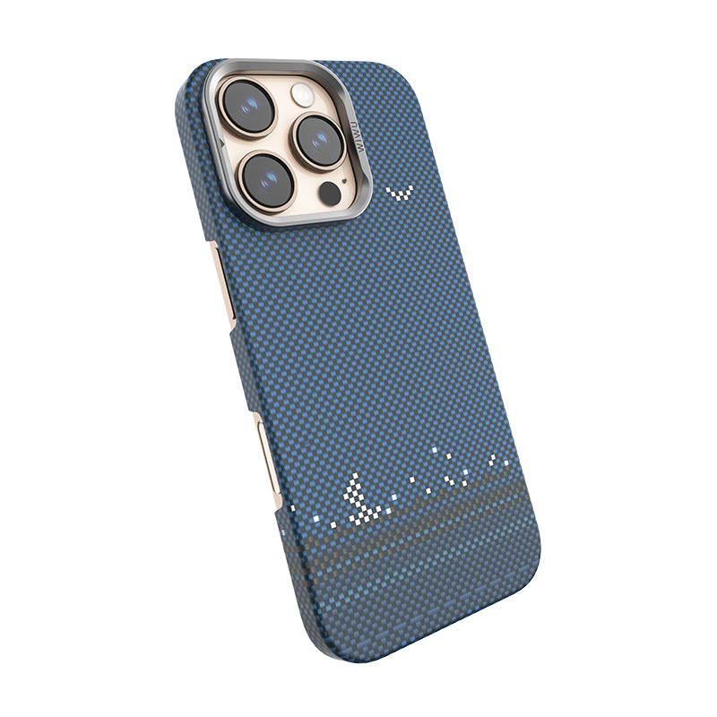 Apple iPhone 16 Pro Max Kılıf Wiwu DCC-209 M-safe Şarj Özellikli Kamera Standlı Aramid Fiber Tasarım Kevlar Kapak Mavi