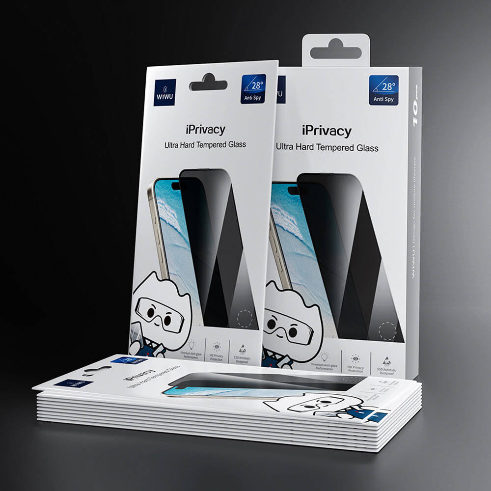 Apple iPhone 16 Pro Wiwu GT-015 Özellikli Çok Katmanlı Temperli iPrivacy Cam Ekran Koruyucu 10'lu Paket Siyah