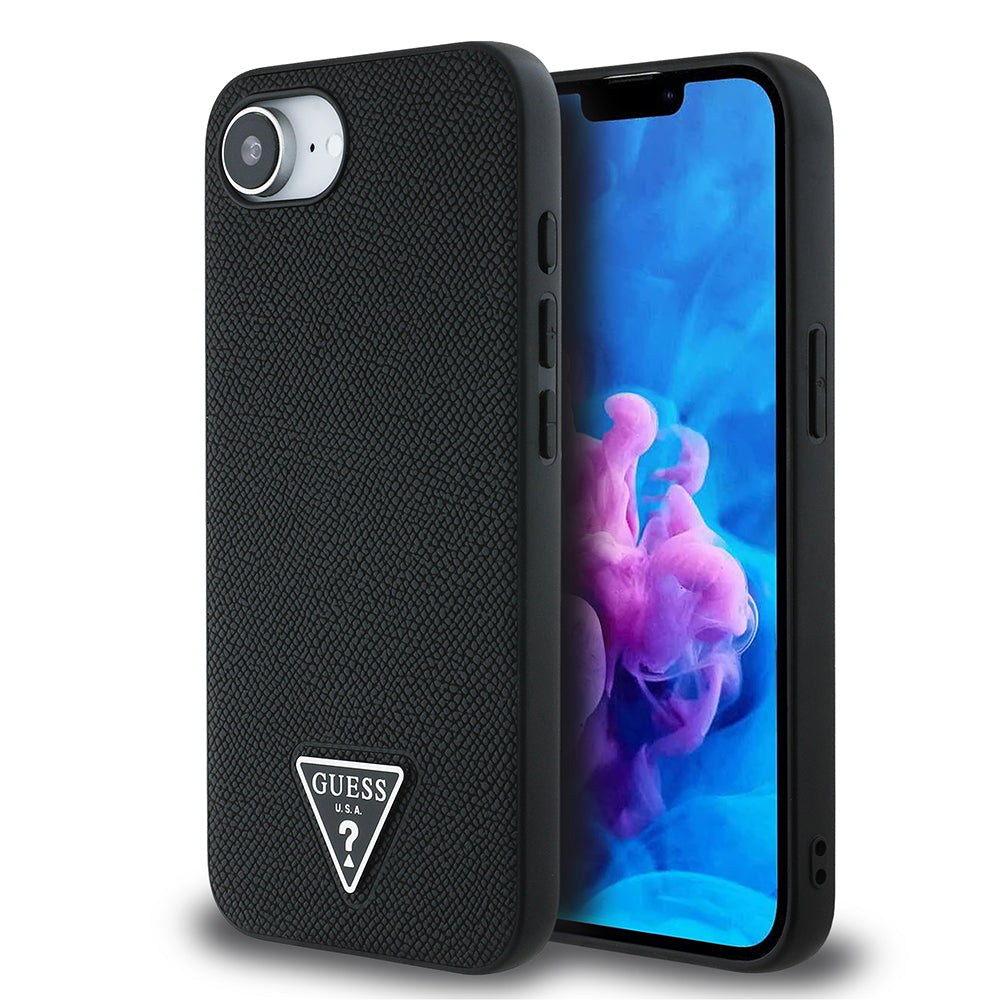 Apple iPhone 16E Kılıf Guess Orjinal Lisanslı M-safe Şarj Özellikli Grained Triangle Kapak Siyah