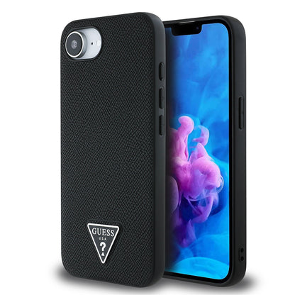 Apple iPhone 16E Kılıf Guess Orjinal Lisanslı M-safe Şarj Özellikli Grained Triangle Kapak Siyah