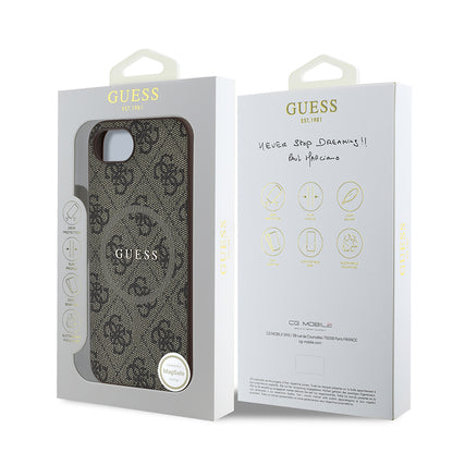 Apple iPhone 16E Kılıf Guess Orjinal Lisanslı M-safe Şarj Özellikli PU Halkalı 4G Desenli Yazı Logolu Kapak Kahverengi