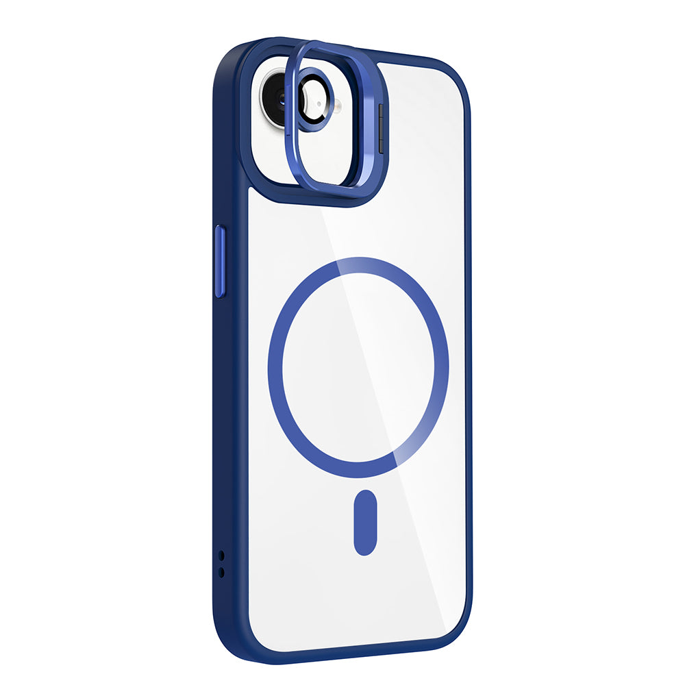 Apple iPhone 16E Kılıf Standlı ve Kamera Lens Hediyeli M-Safe Şarj Özellikli Zore Etro Kapak Lacivert