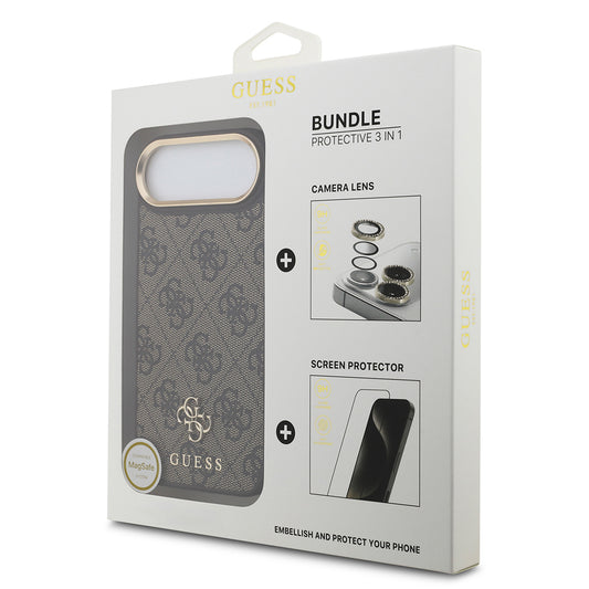 Apple iPhone 17 Air Guess Orjinal Lisanslı 4G ve Yazı Logolu Kılıf + Ekran Koruyucu + Lens Koruyucu 3in1 Aksesuar Seti Kahverengi