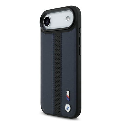 Apple iPhone 17 Air Kılıf BMW Orjinal Lisanslı M-safe Şarj Özellikli Deri Arka Yüzey Metal Logolu Delikli Şerit Tasarımlı Kapak  Lacivert