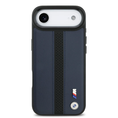 Apple iPhone 17 Air Kılıf BMW Orjinal Lisanslı M-safe Şarj Özellikli Deri Arka Yüzey Metal Logolu Delikli Şerit Tasarımlı Kapak  Mavi